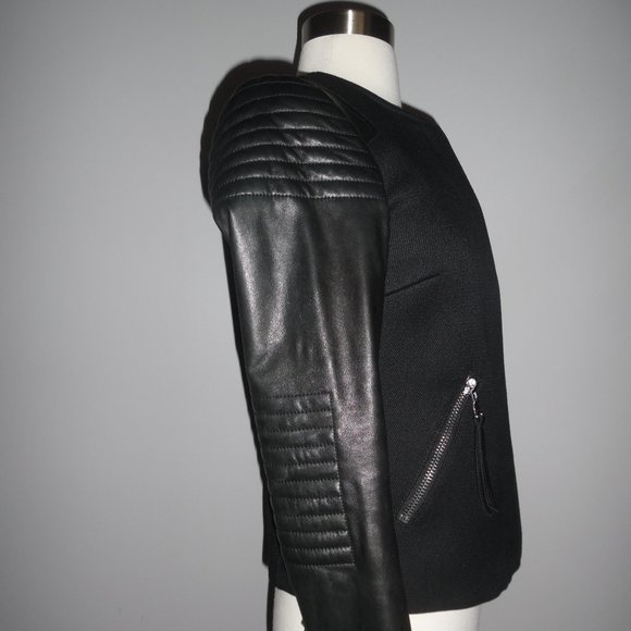 REBECCA TAYLOR Moto Biker Leather Quilted Twill Quilt Oversized Jacket 2‎ XS - Picture 7 of 14